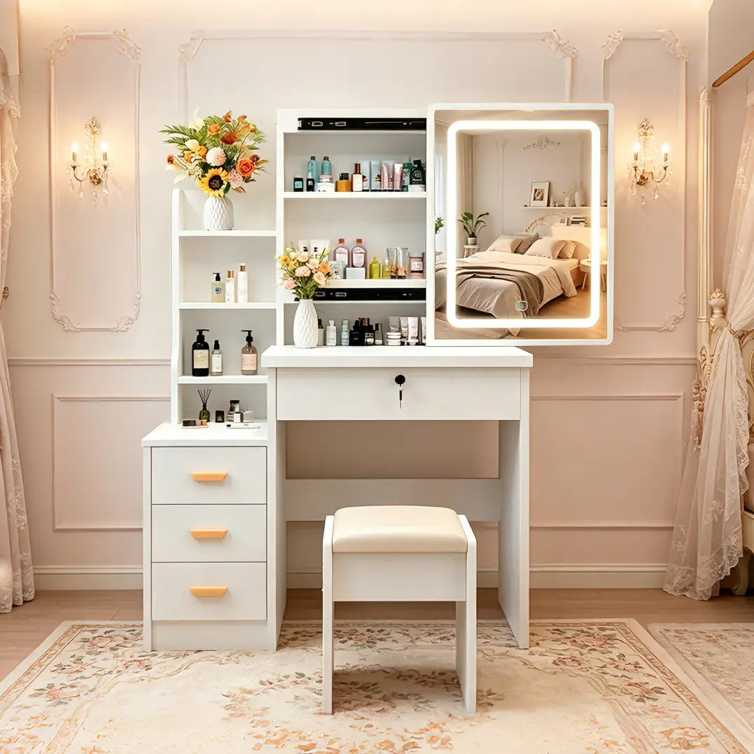 Dressing Table Set Makeup Vanity with Drawers Lights Shelves Left Right LED 3-Color Dimmable Mirror Stool for Makeup Enthusiasts White Finish Hidden Storage Capacity Desk