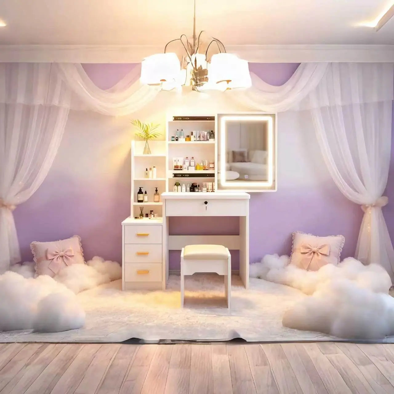 Dressing Table Set Makeup Vanity with Drawers Lights Shelves Left Right LED 3-Color Dimmable Mirror Stool for Makeup Enthusiasts White Finish Hidden Storage Capacity Desk