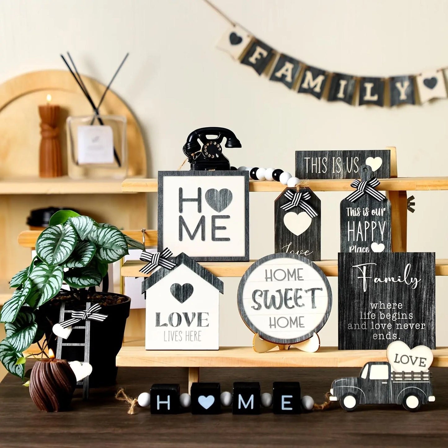 Farmhouse Tiered Tray Decor, 17Pcs/Set Wooden Home Decor Sign, Rustic Home Sweet Home Decor for Kitchen, Living Room, Bedroom, Office