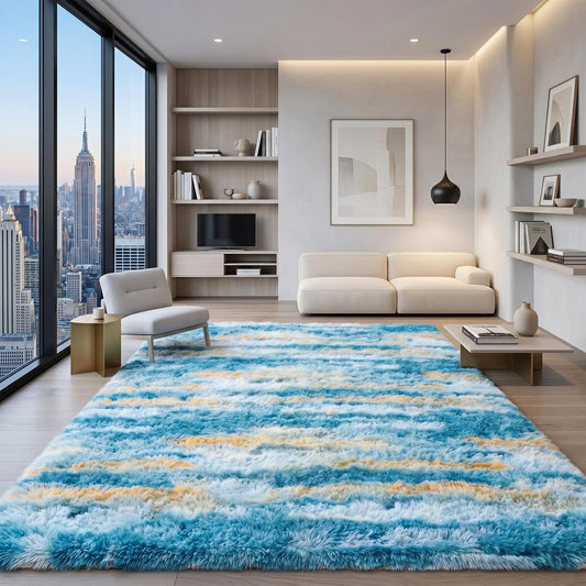 BLIOWL Soft Shag Area Rug - Abstract Blue and Yellow Plush Fluffy Carpet, Non-Slip Large Size for Bedroom, Living Room, Nursery, Luxury Modern Floor Decor for Kids and Adults, Ideal for Dorms and Apartments