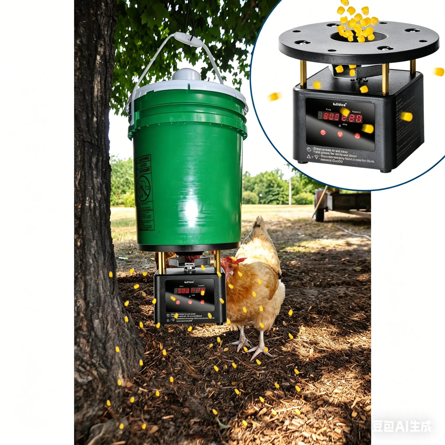 Briidea Automatic Chicken Feeder Dispenser Timer Kit - Programmable Digital Timer with LED Screen, Galvanized Steel Spin Plate, Adjustable Stud Mounts, Solar/Battery Powered, 6 Scheduled Feeds, Adjustable Feed Rate (1-60 Sec), Feeding
