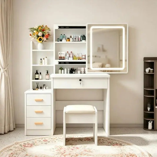 Dressing Table Set Makeup Vanity with Drawers Lights Shelves Left Right LED 3-Color Dimmable Mirror Stool for Makeup Enthusiasts White Finish Hidden Storage Capacity Desk