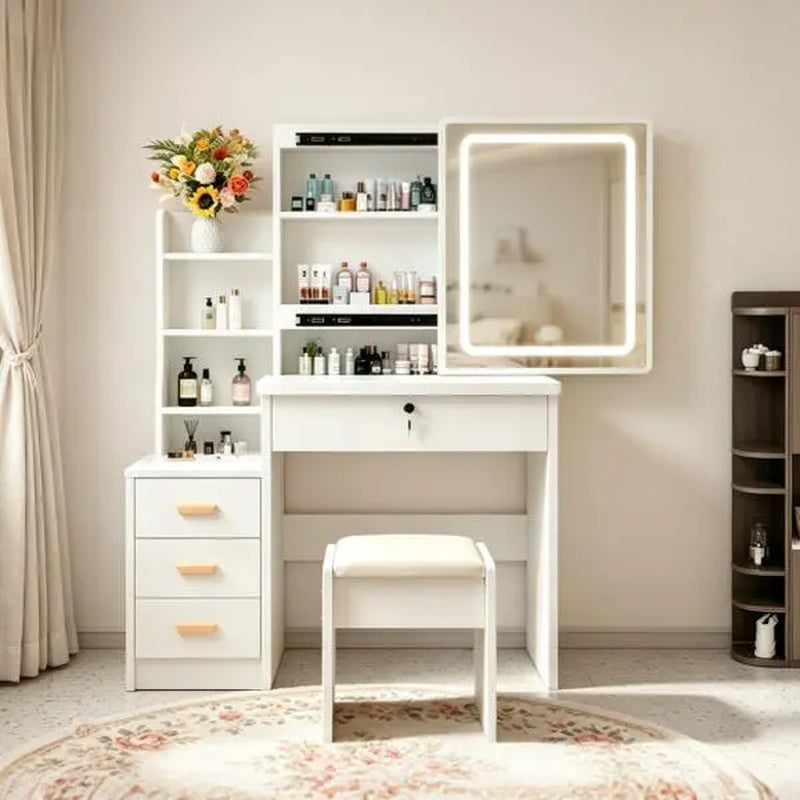 Dressing Table Set Makeup Vanity with Drawers Lights Shelves Left Right LED 3-Color Dimmable Mirror Stool for Makeup Enthusiasts White Finish Hidden Storage Capacity Desk