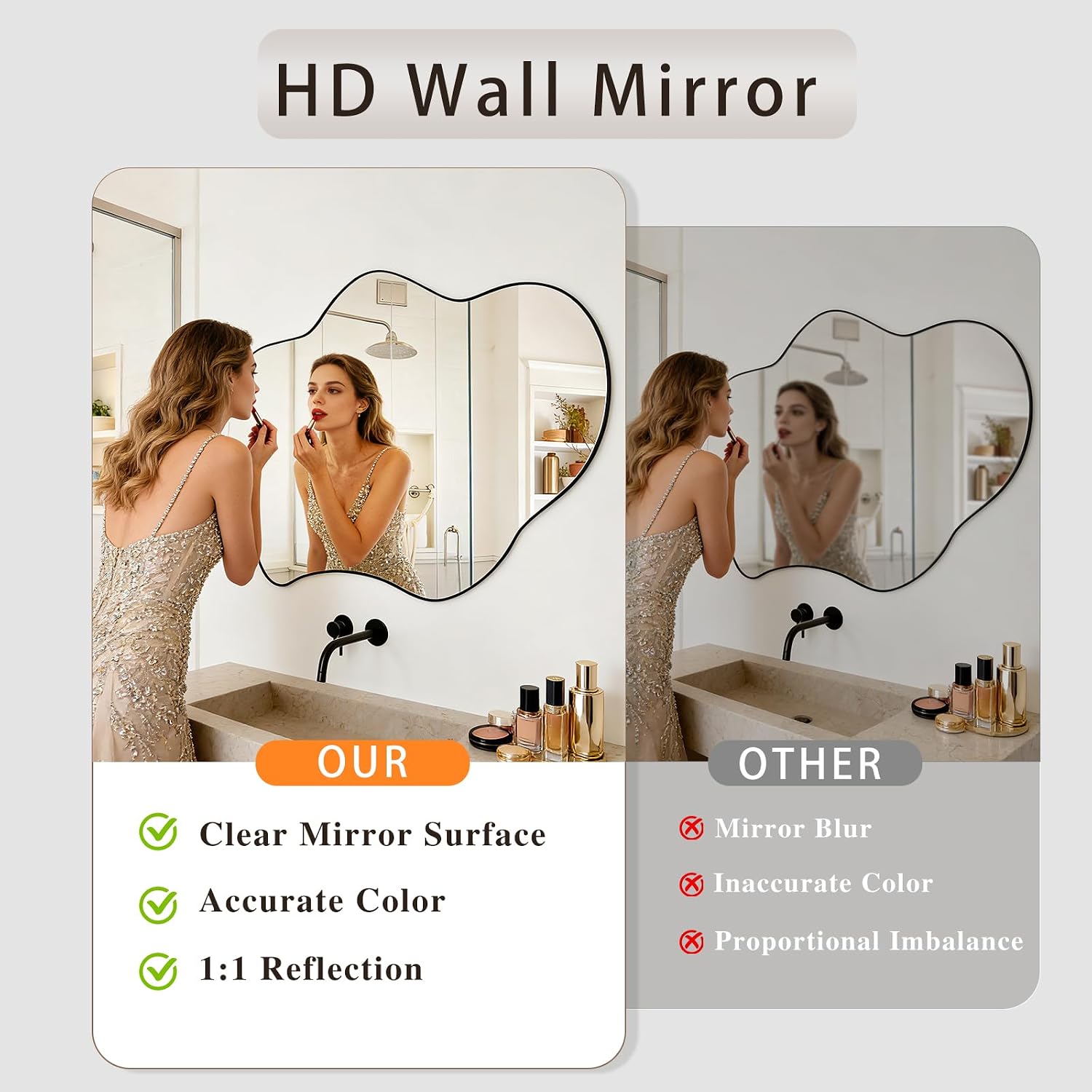 Irregular Wall Mirror, 22"X32" Wavy Cloud Bathroom Vanity Mirrors | Unique Asymmetrical Abstract Mirror with Tempered Glass for Bedroom, Living Room, Entryway, Hallway, Cloakroom