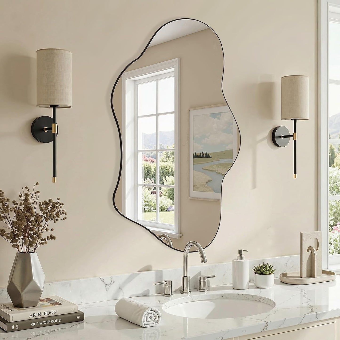 Irregular Wall Mirror, 22"X32" Wavy Cloud Bathroom Vanity Mirrors | Unique Asymmetrical Abstract Mirror with Tempered Glass for Bedroom, Living Room, Entryway, Hallway, Cloakroom
