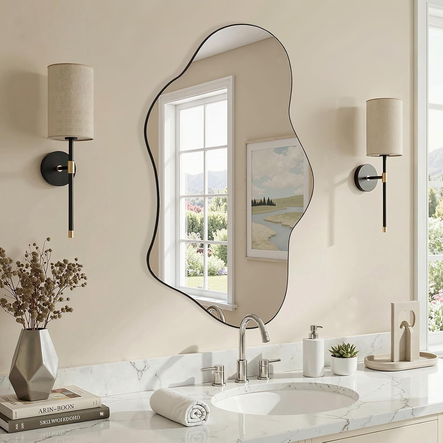 Irregular Wall Mirror, 22"X32" Wavy Cloud Bathroom Vanity Mirrors | Unique Asymmetrical Abstract Mirror with Tempered Glass for Bedroom, Living Room, Entryway, Hallway, Cloakroom