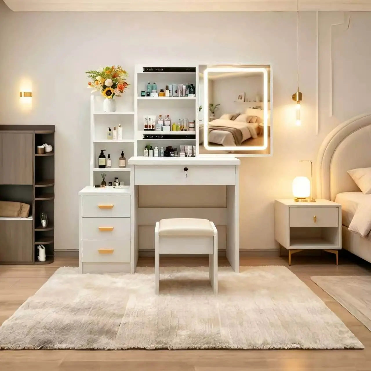 Dressing Table Set Makeup Vanity with Drawers Lights Shelves Left Right LED 3-Color Dimmable Mirror Stool for Makeup Enthusiasts White Finish Hidden Storage Capacity Desk