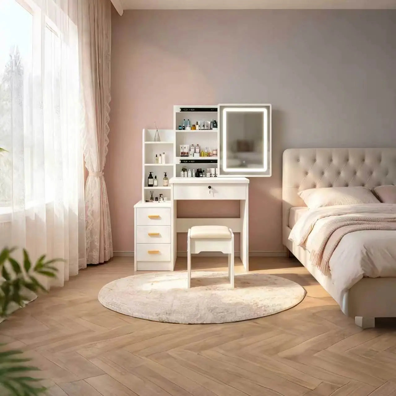 Dressing Table Set Makeup Vanity with Drawers Lights Shelves Left Right LED 3-Color Dimmable Mirror Stool for Makeup Enthusiasts White Finish Hidden Storage Capacity Desk