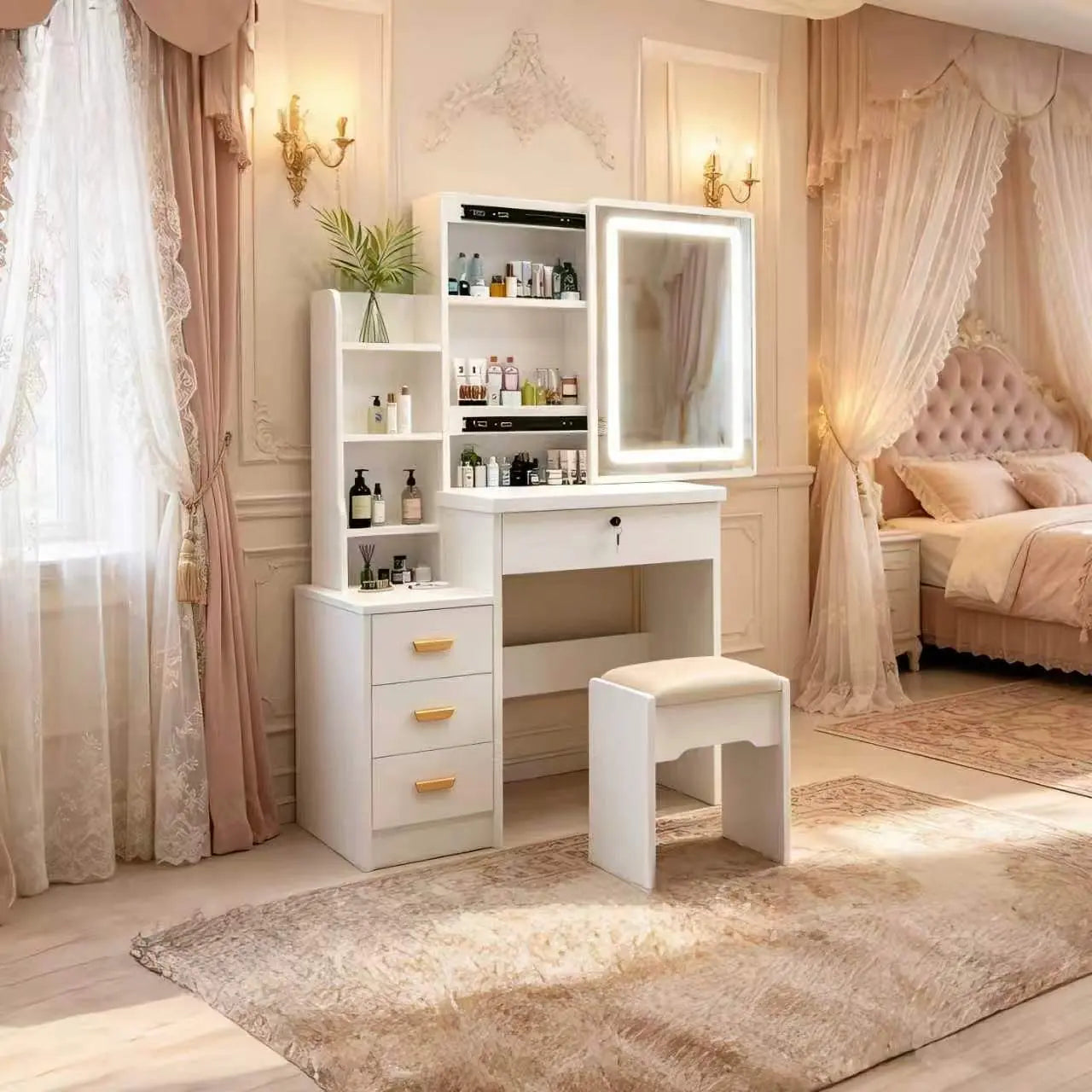 Dressing Table Set Makeup Vanity with Drawers Lights Shelves Left Right LED 3-Color Dimmable Mirror Stool for Makeup Enthusiasts White Finish Hidden Storage Capacity Desk