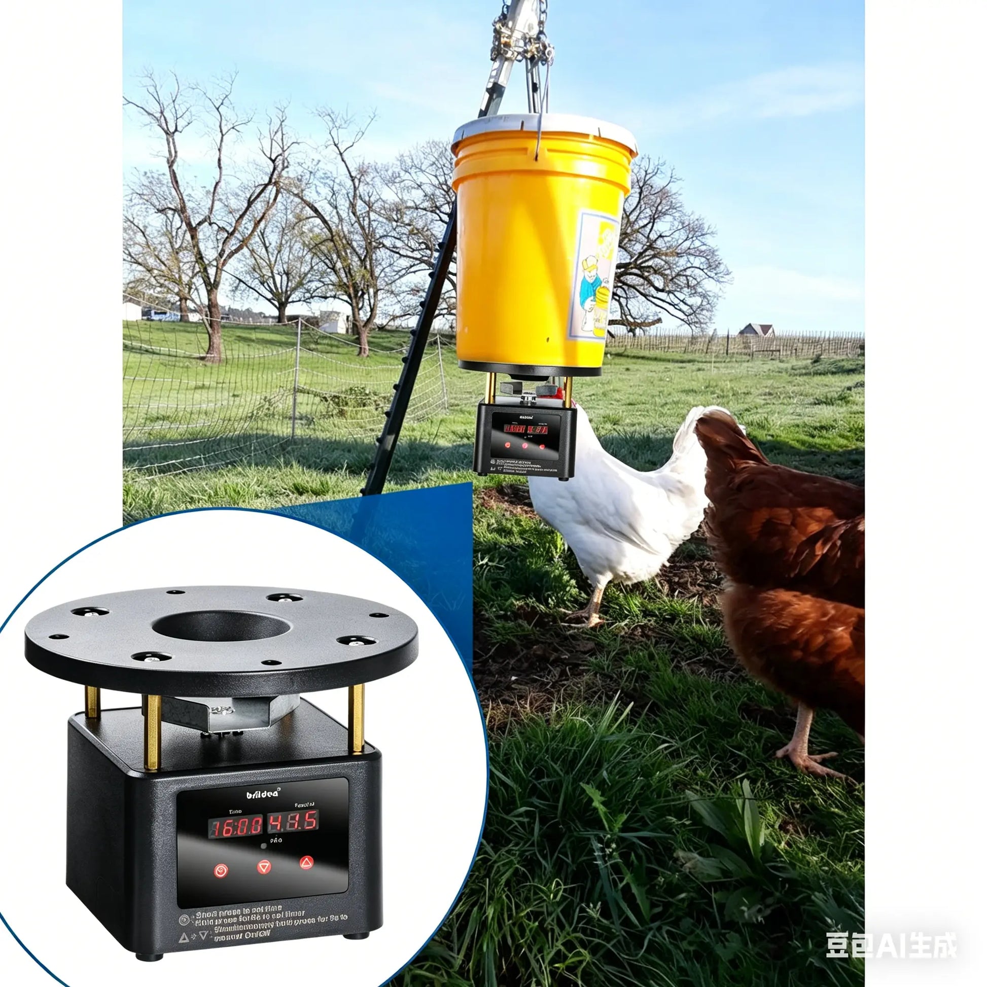 Briidea Automatic Chicken Feeder Dispenser Timer Kit - Programmable Digital Timer with LED Screen, Galvanized Steel Spin Plate, Adjustable Stud Mounts, Solar/Battery Powered, 6 Scheduled Feeds, Adjustable Feed Rate (1-60 Sec), Feeding