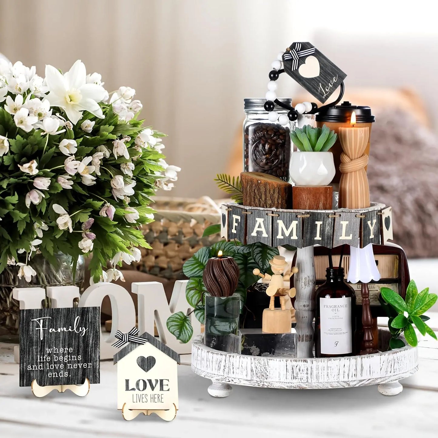 Farmhouse Tiered Tray Decor, 17Pcs/Set Wooden Home Decor Sign, Rustic Home Sweet Home Decor for Kitchen, Living Room, Bedroom, Office