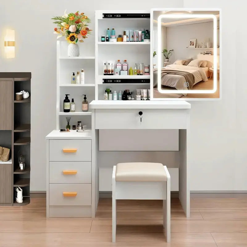 Dressing Table Set Makeup Vanity with Drawers Lights Shelves Left Right LED 3-Color Dimmable Mirror Stool for Makeup Enthusiasts White Finish Hidden Storage Capacity Desk