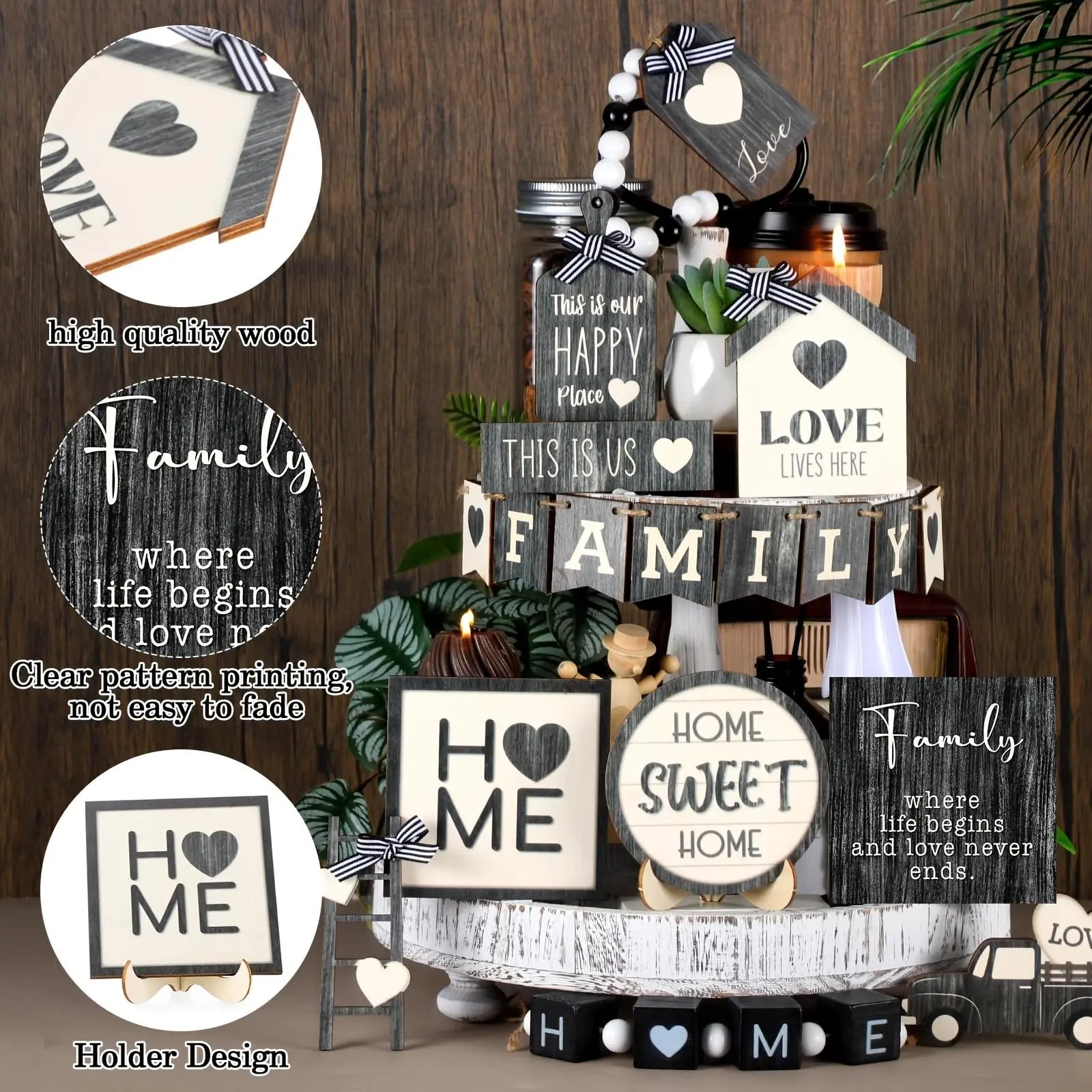 Farmhouse Tiered Tray Decor, 17Pcs/Set Wooden Home Decor Sign, Rustic Home Sweet Home Decor for Kitchen, Living Room, Bedroom, Office