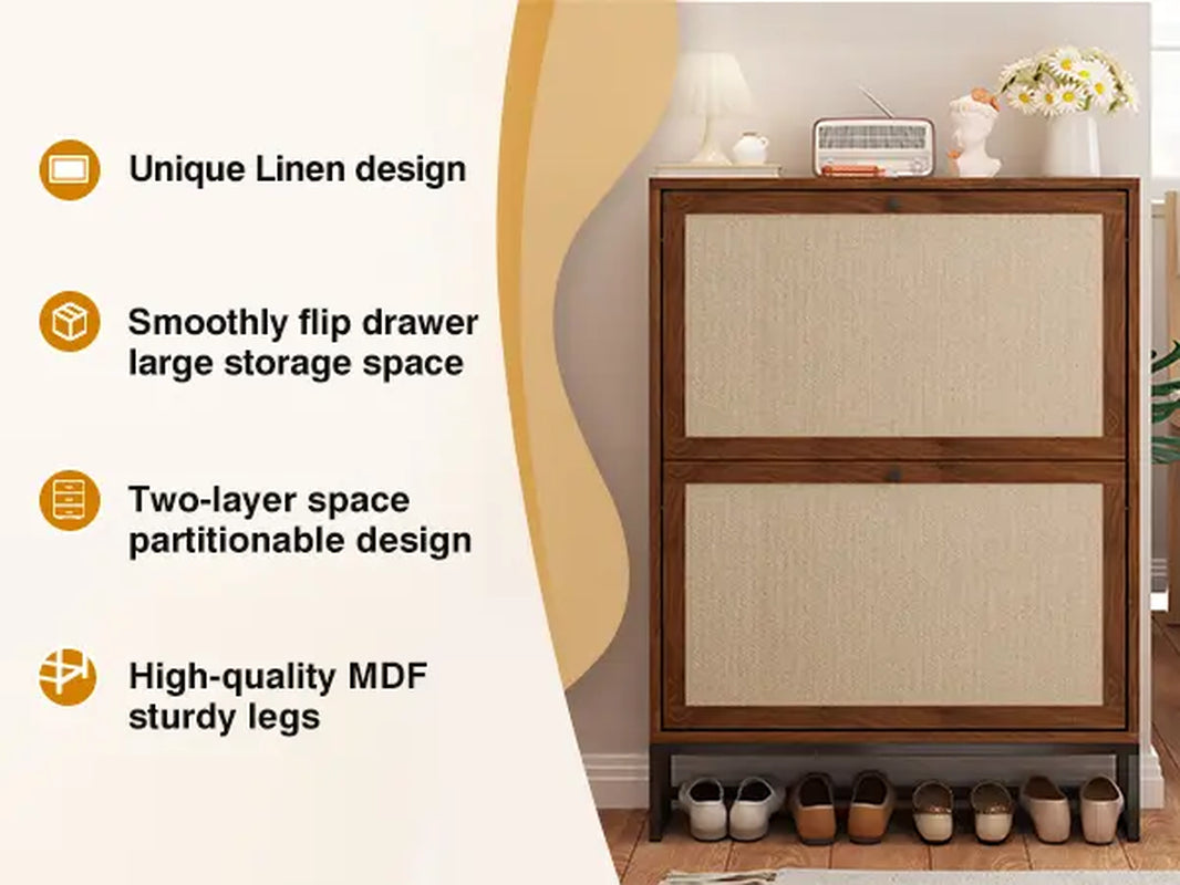 Giratree Slim Shoe Cabinet for Entryway, 34.7'' Hidden Shoe Storage Cabinet with Flip Drawers, Narrow Freestanding Shoe Rack Organizer with Metal Base and Linen Door Accent