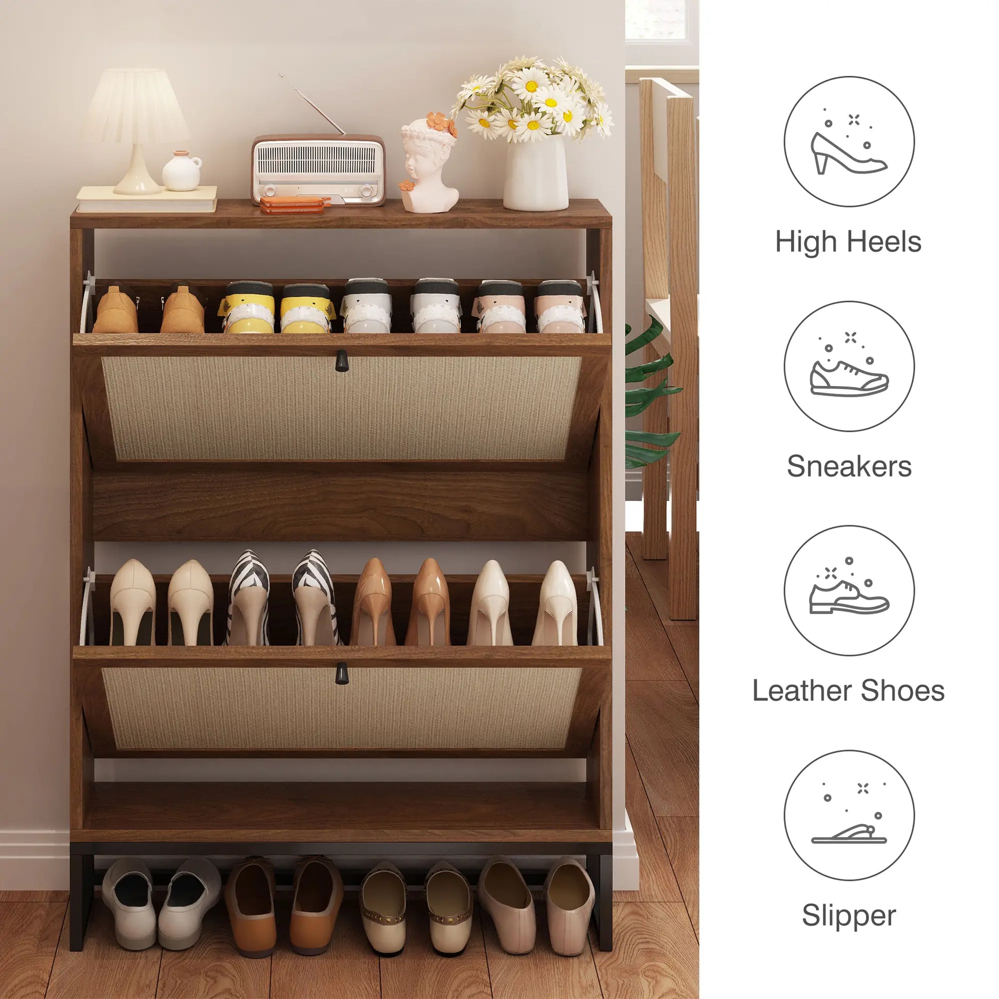 Giratree Slim Shoe Cabinet for Entryway, 34.7'' Hidden Shoe Storage Cabinet with Flip Drawers, Narrow Freestanding Shoe Rack Organizer with Metal Base and Linen Door Accent
