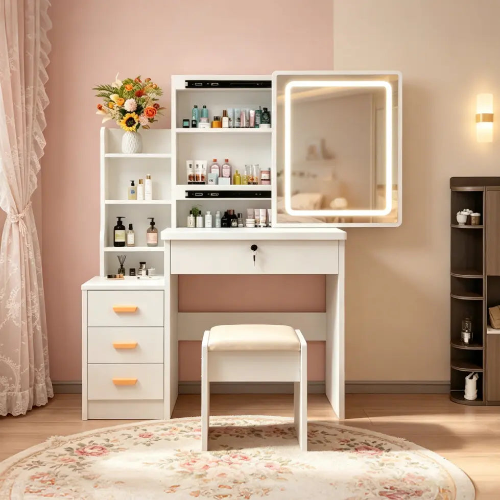 Dressing Table Set Makeup Vanity with Drawers Lights Shelves Left Right LED 3-Color Dimmable Mirror Stool for Makeup Enthusiasts White Finish Hidden Storage Capacity Desk