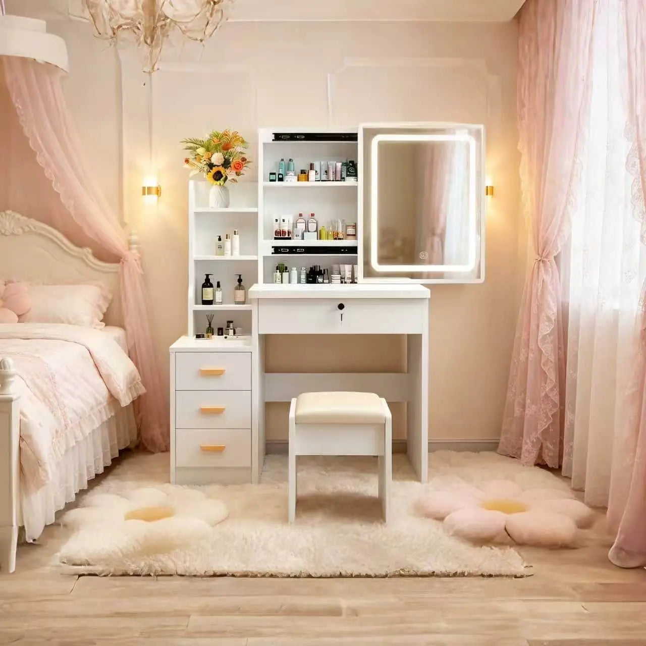 Dressing Table Set Makeup Vanity with Drawers Lights Shelves Left Right LED 3-Color Dimmable Mirror Stool for Makeup Enthusiasts White Finish Hidden Storage Capacity Desk